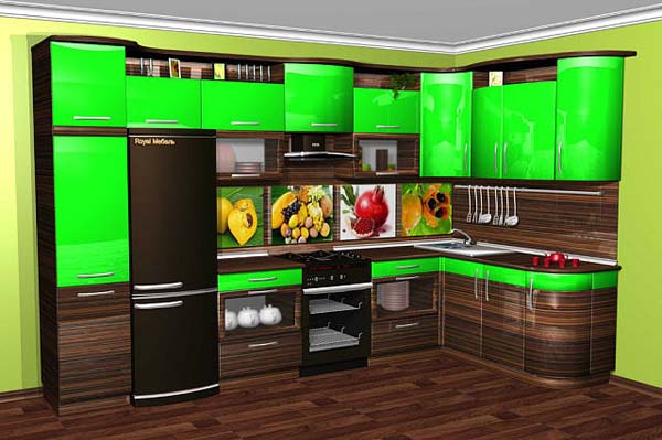 Кухня двухцветная с ярко-зелеными вставками