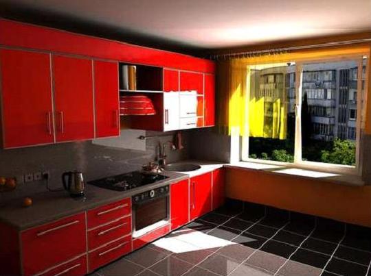 Кухня линейная красная с глянцевым покрытием