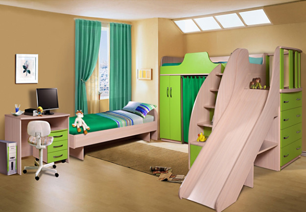 Набор корпусной детской мебели с зелеными фасадами