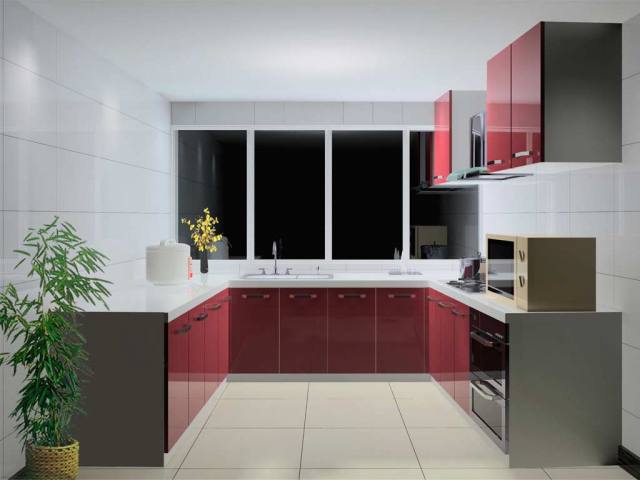 П-образная кухня с бордовым фасадом