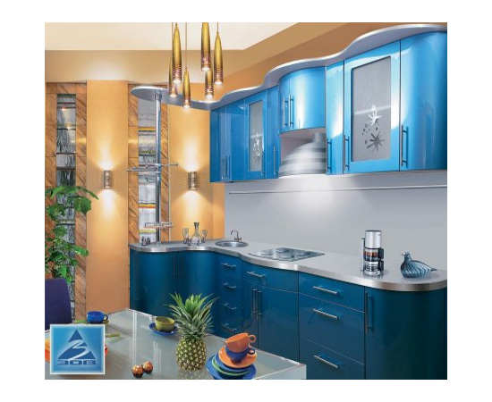 Угловая кухня с гнутым фасадом светло-синяя К-9