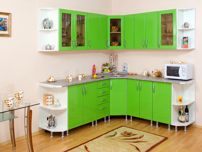 Ярко-зеленая угловая кухня